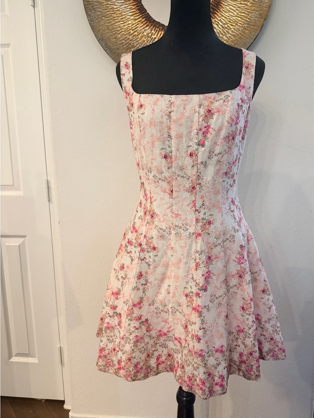Avec Les Filles Pink & Cream Linen Floral Square-Neck Dress W/ Pockets